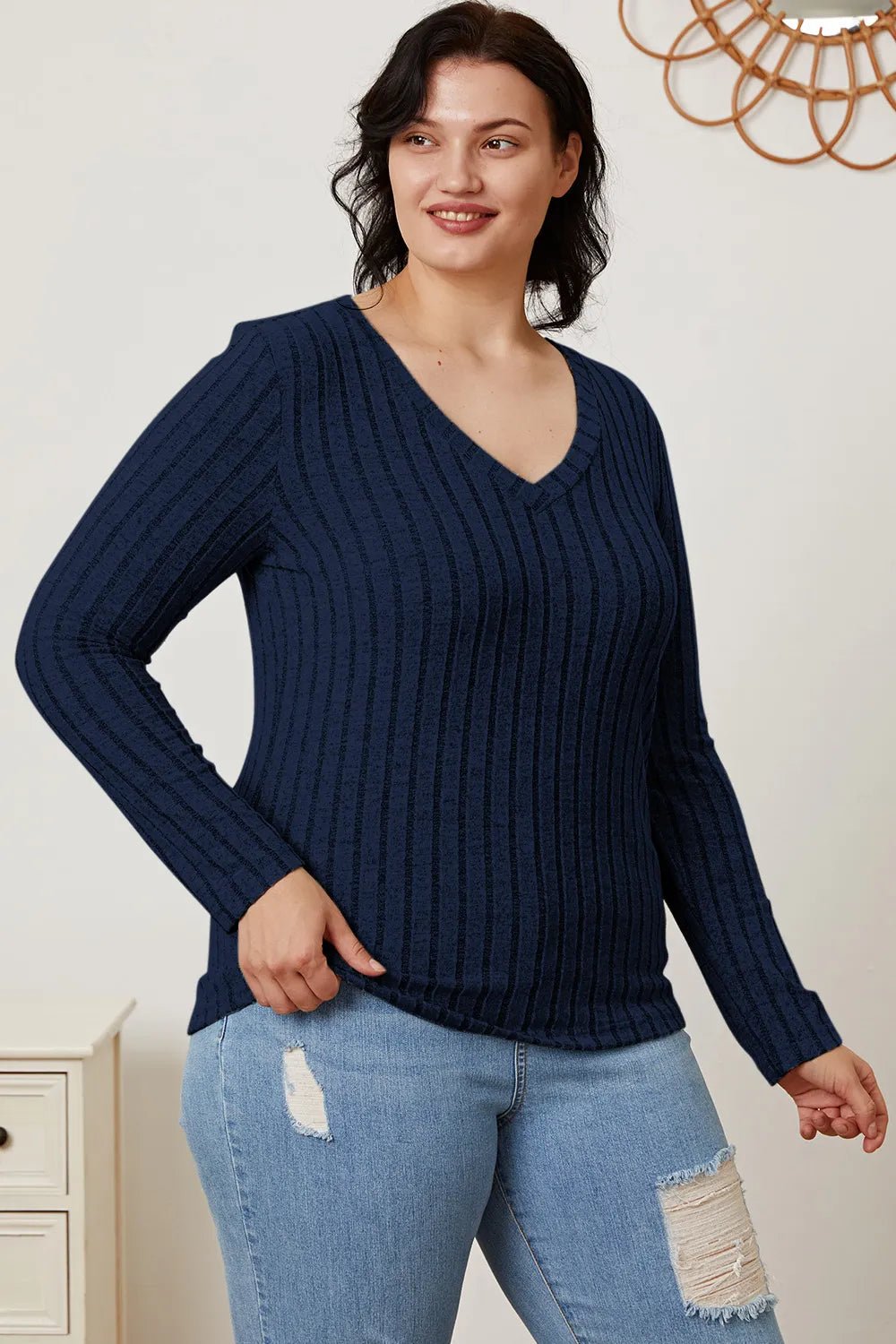 Basic Bae Full Size Ribbed V - Neck Long Sleeve T-Shirt - PBNJ FASHIONS