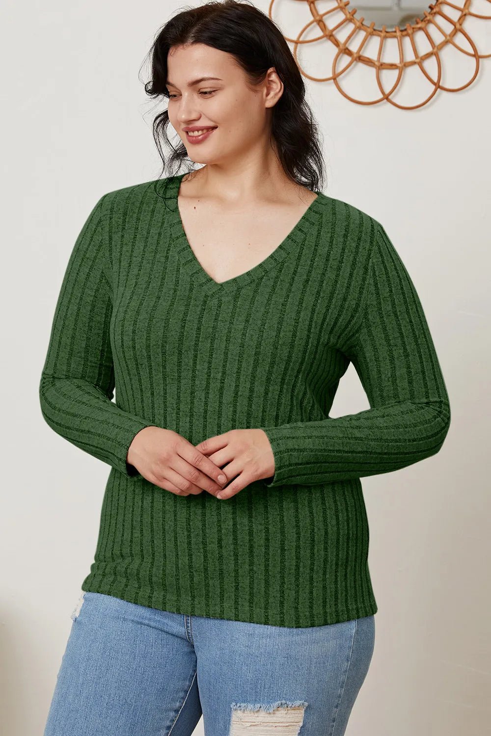 Basic Bae Full Size Ribbed V - Neck Long Sleeve T-Shirt - PBNJ FASHIONS