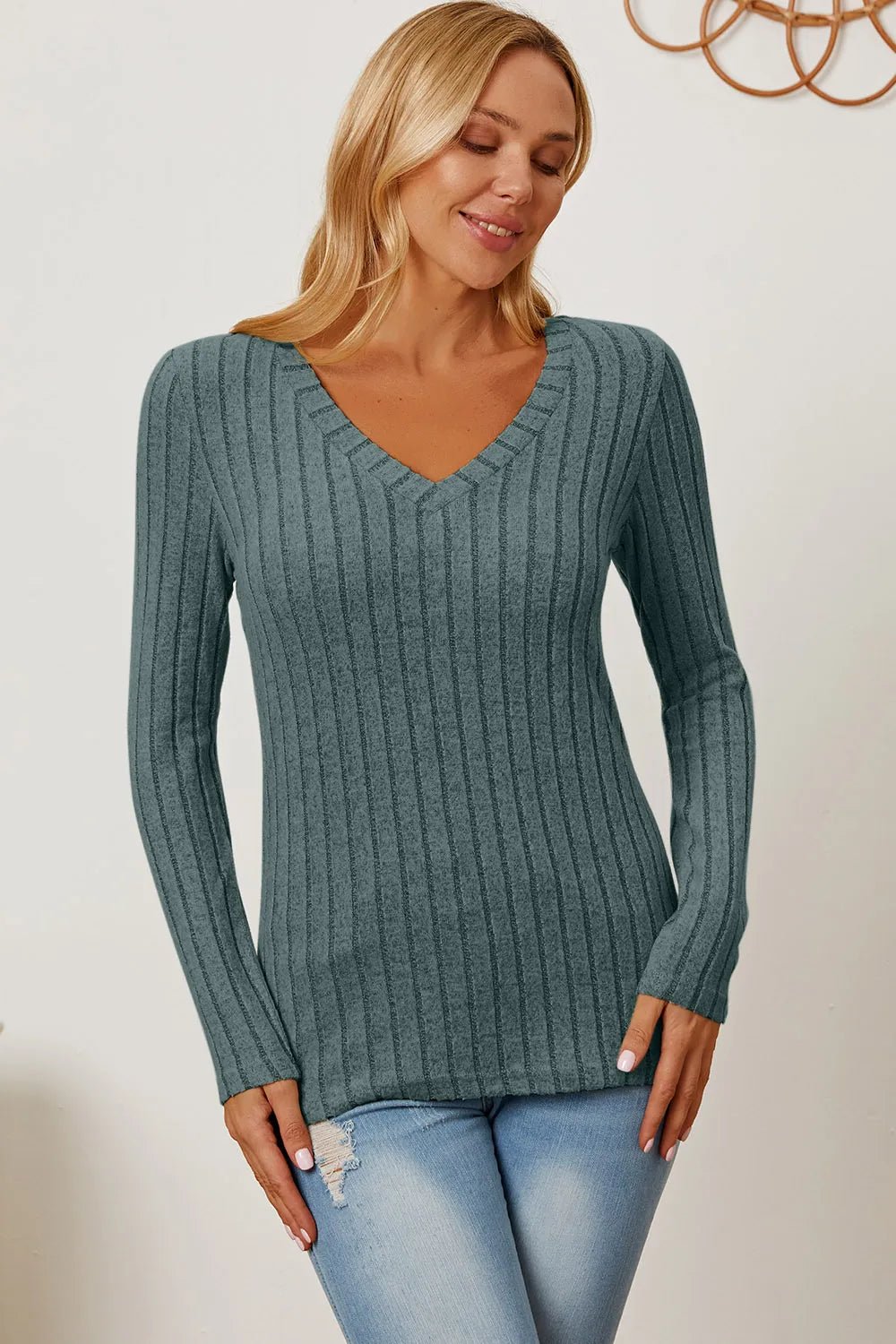 Basic Bae Full Size Ribbed V - Neck Long Sleeve T-Shirt - PBNJ FASHIONS