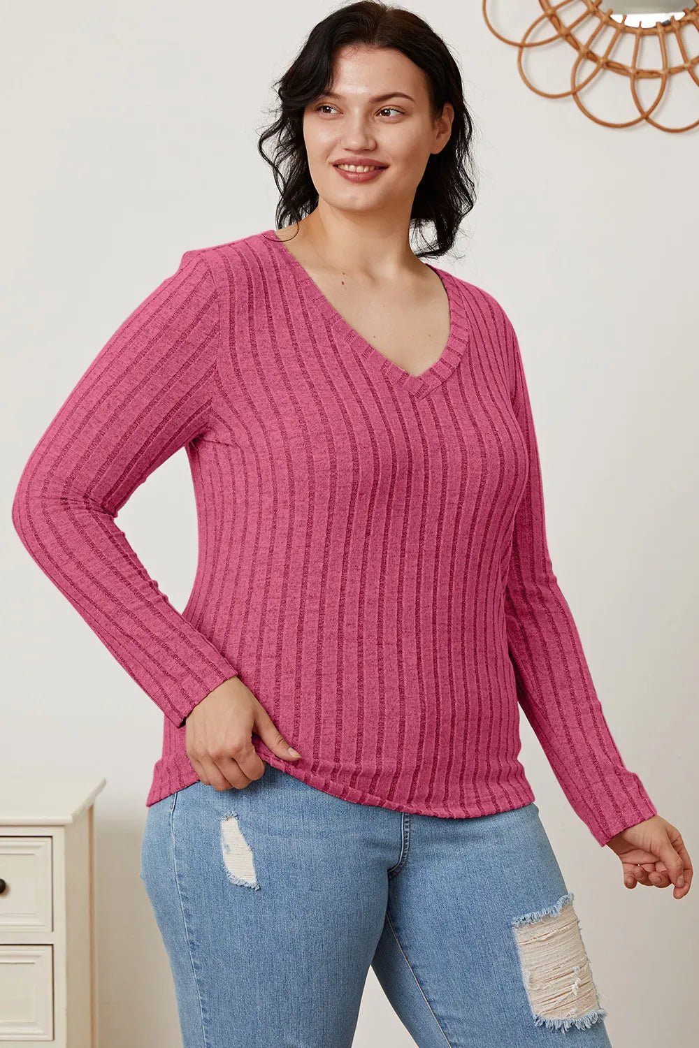 Basic Bae Full Size Ribbed V - Neck Long Sleeve T-Shirt - PBNJ FASHIONS