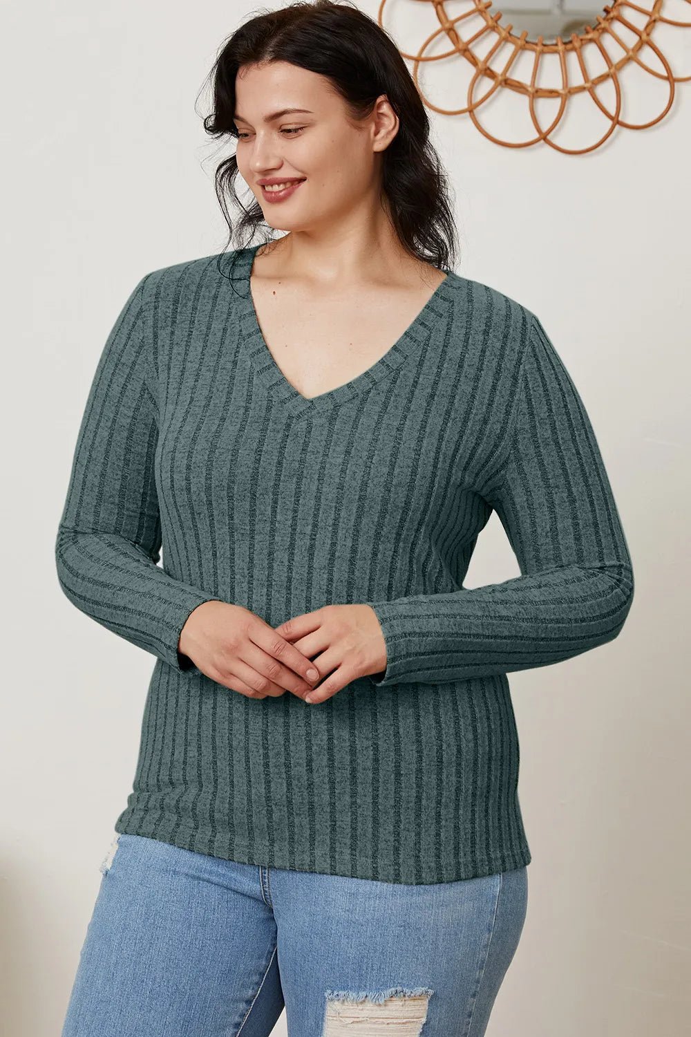 Basic Bae Full Size Ribbed V - Neck Long Sleeve T-Shirt - PBNJ FASHIONS