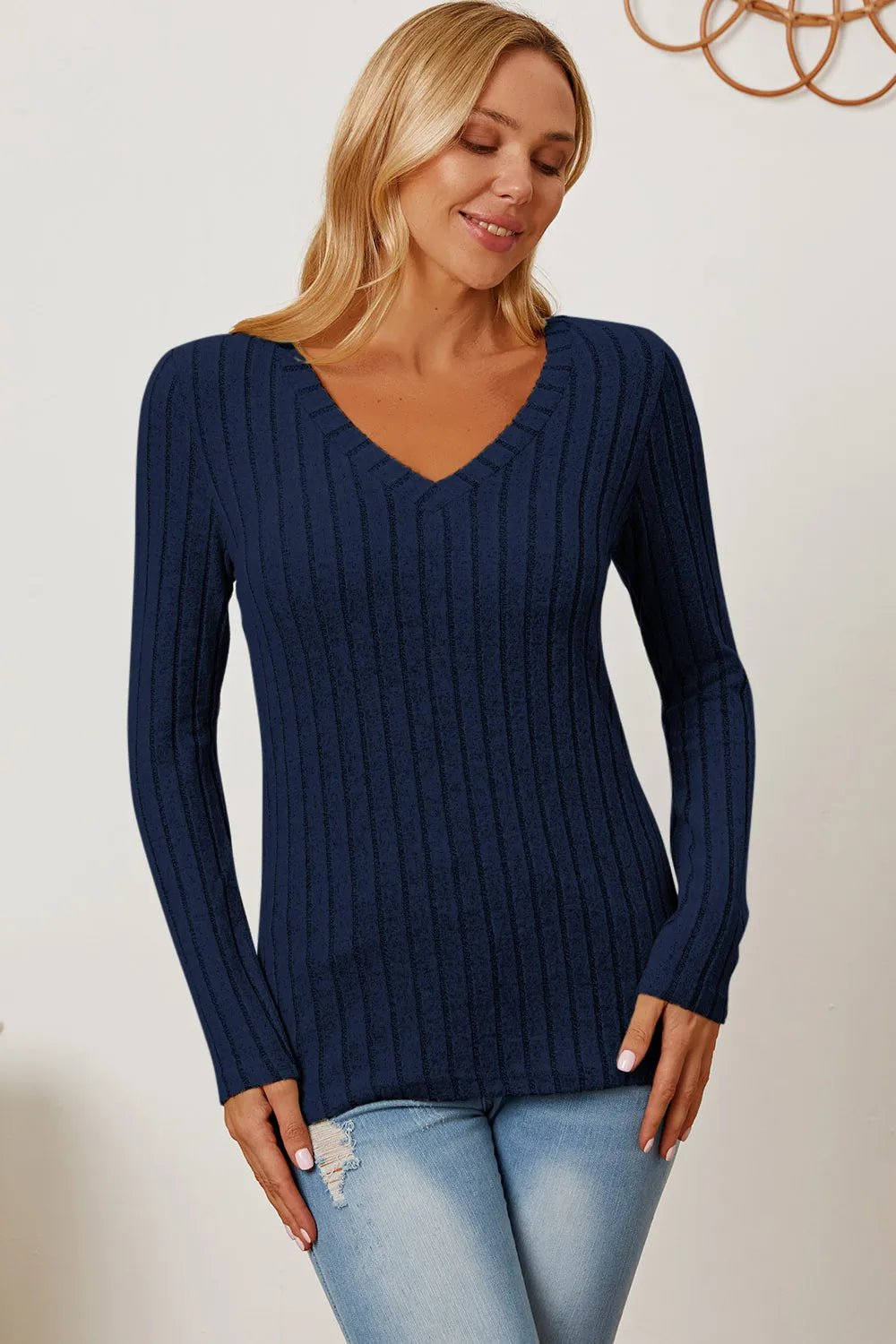 Basic Bae Full Size Ribbed V - Neck Long Sleeve T-Shirt - PBNJ FASHIONS