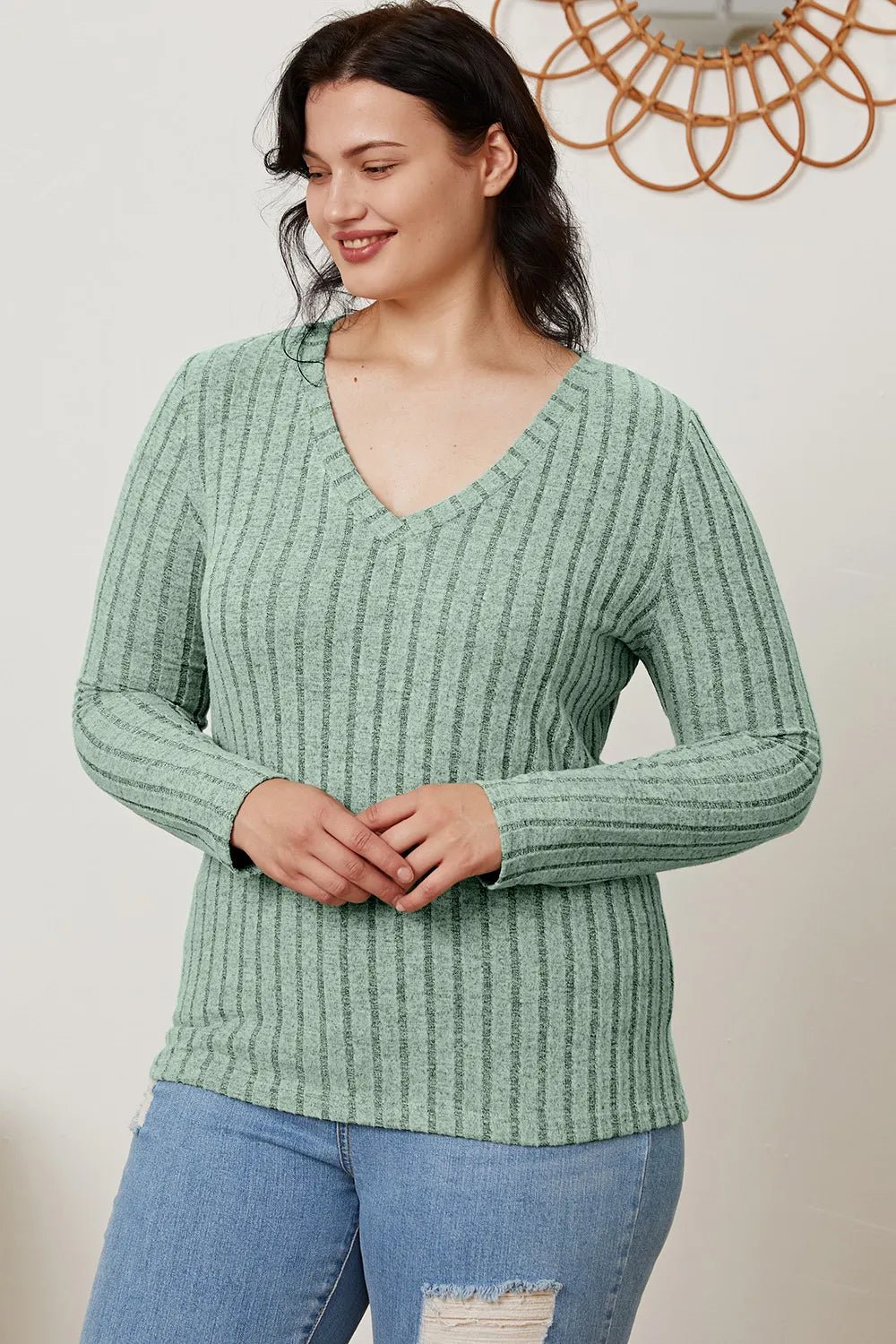 Basic Bae Full Size Ribbed V - Neck Long Sleeve T-Shirt - PBNJ FASHIONS
