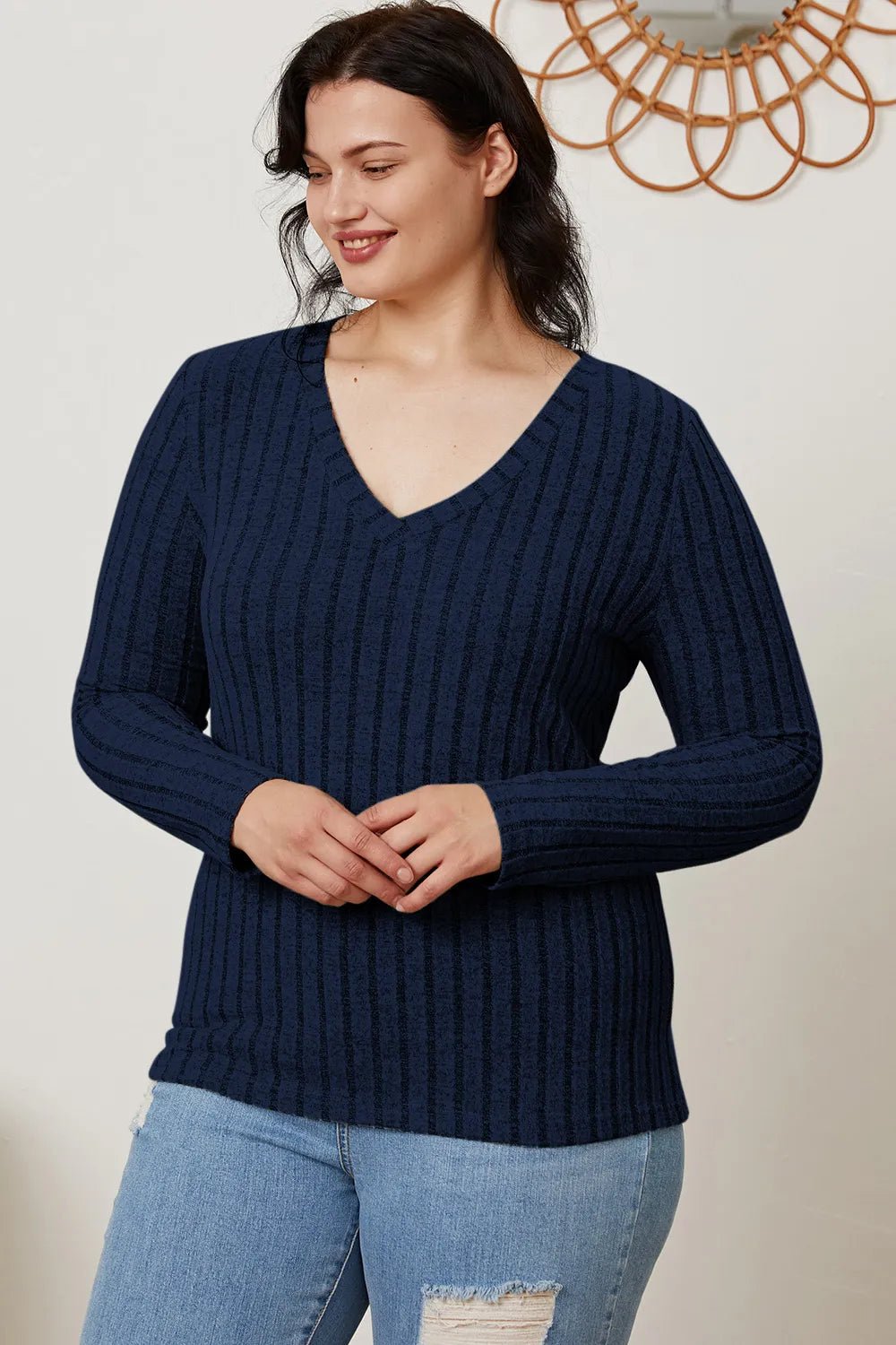 Basic Bae Full Size Ribbed V - Neck Long Sleeve T-Shirt - PBNJ FASHIONS