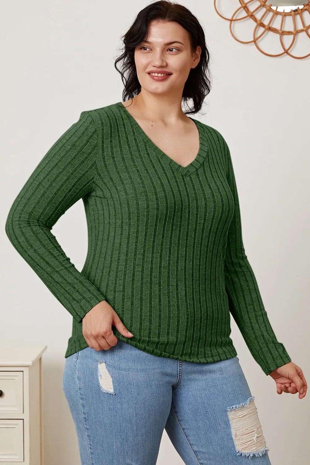 Basic Bae Full Size Ribbed V - Neck Long Sleeve T-Shirt - PBNJ FASHIONS