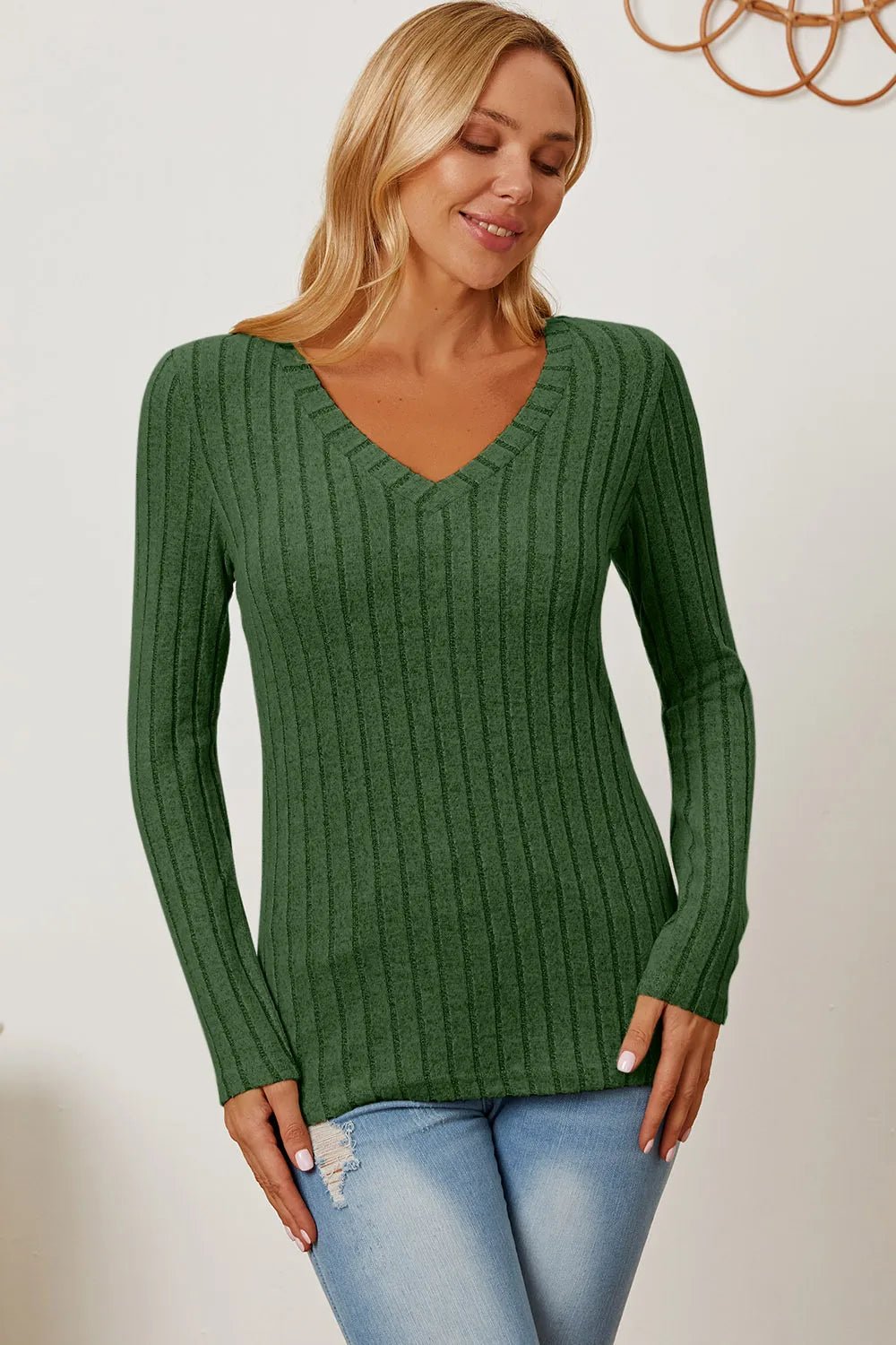 Basic Bae Full Size Ribbed V - Neck Long Sleeve T-Shirt - PBNJ FASHIONS
