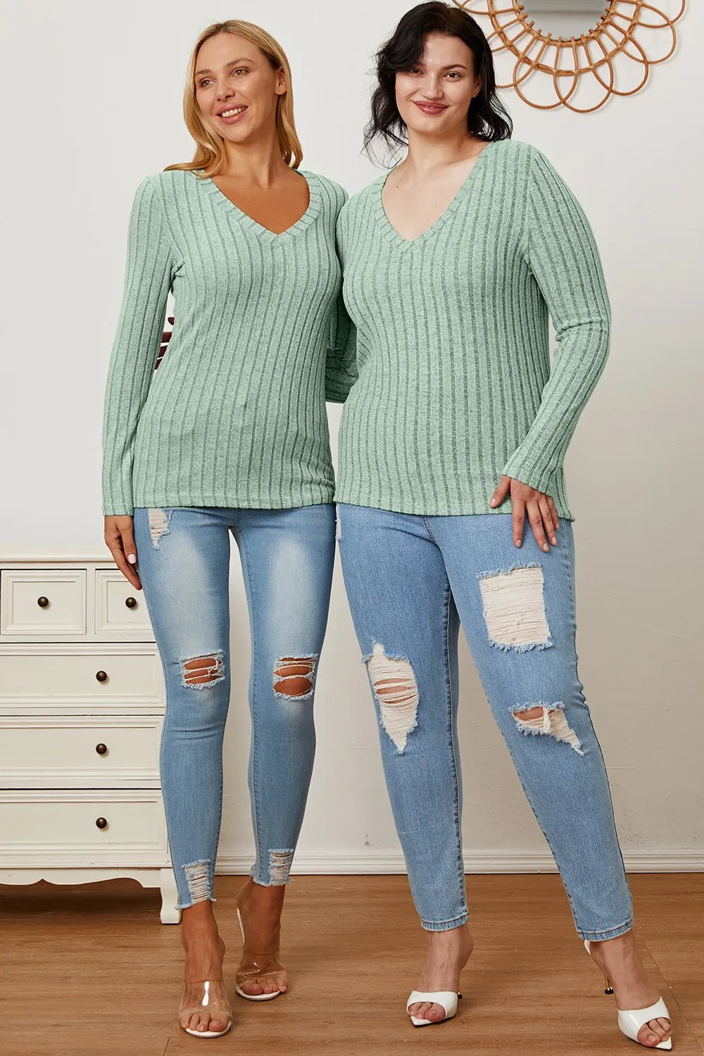 Basic Bae Full Size Ribbed V - Neck Long Sleeve T-Shirt - PBNJ FASHIONS