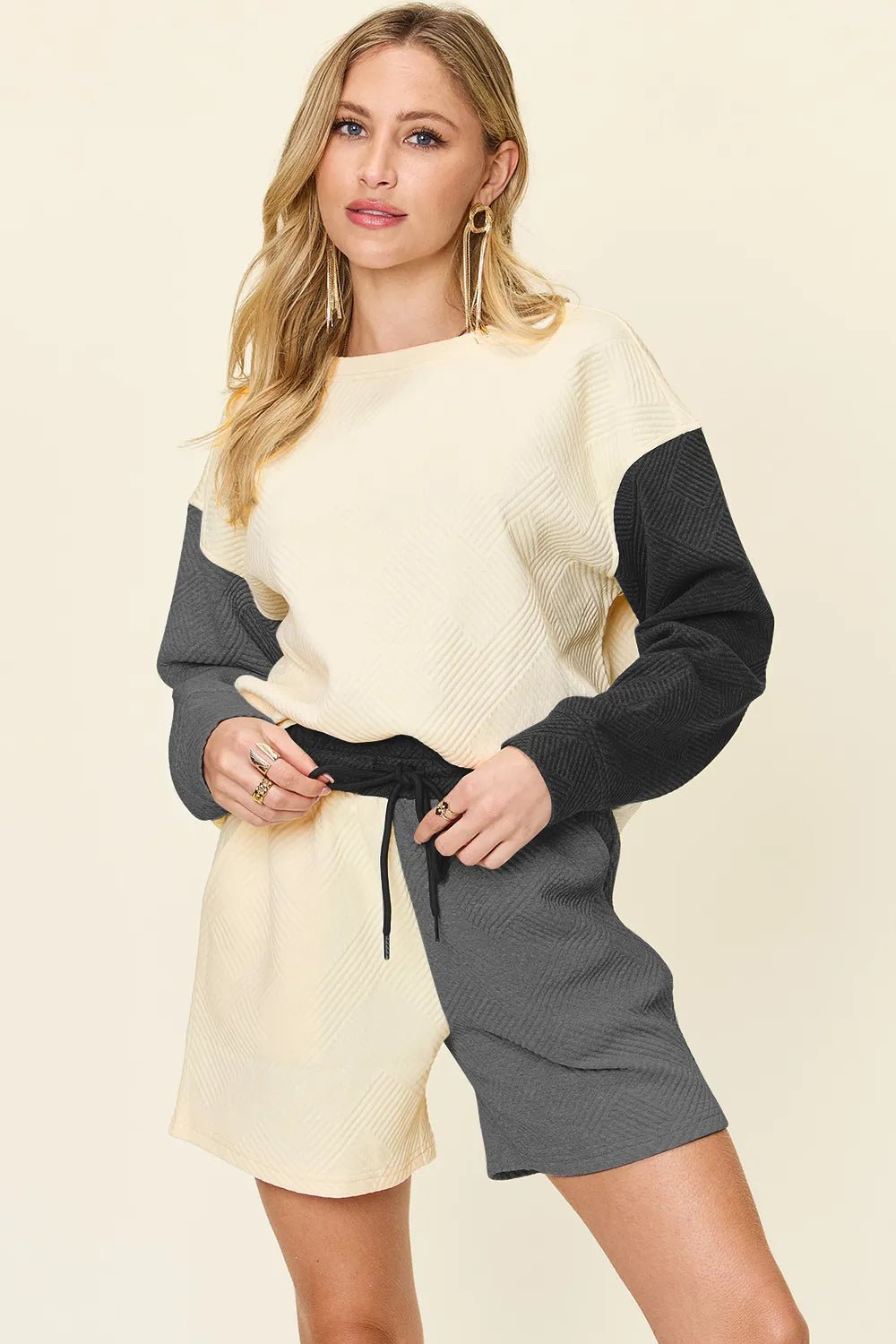 Double Take Full Size Contrast Drop Shoulder Top and Shorts Set - PBNJ FASHIONS