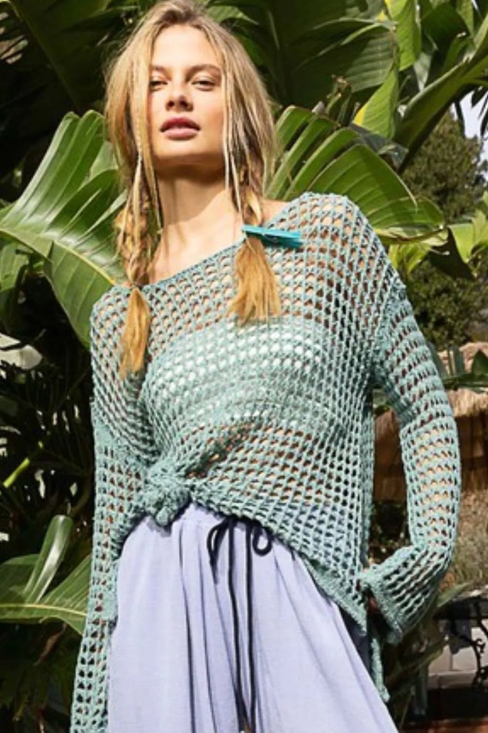 POL Side Slit Openwork Long Sleeve Knit Cover Up - PBNJ FASHIONS