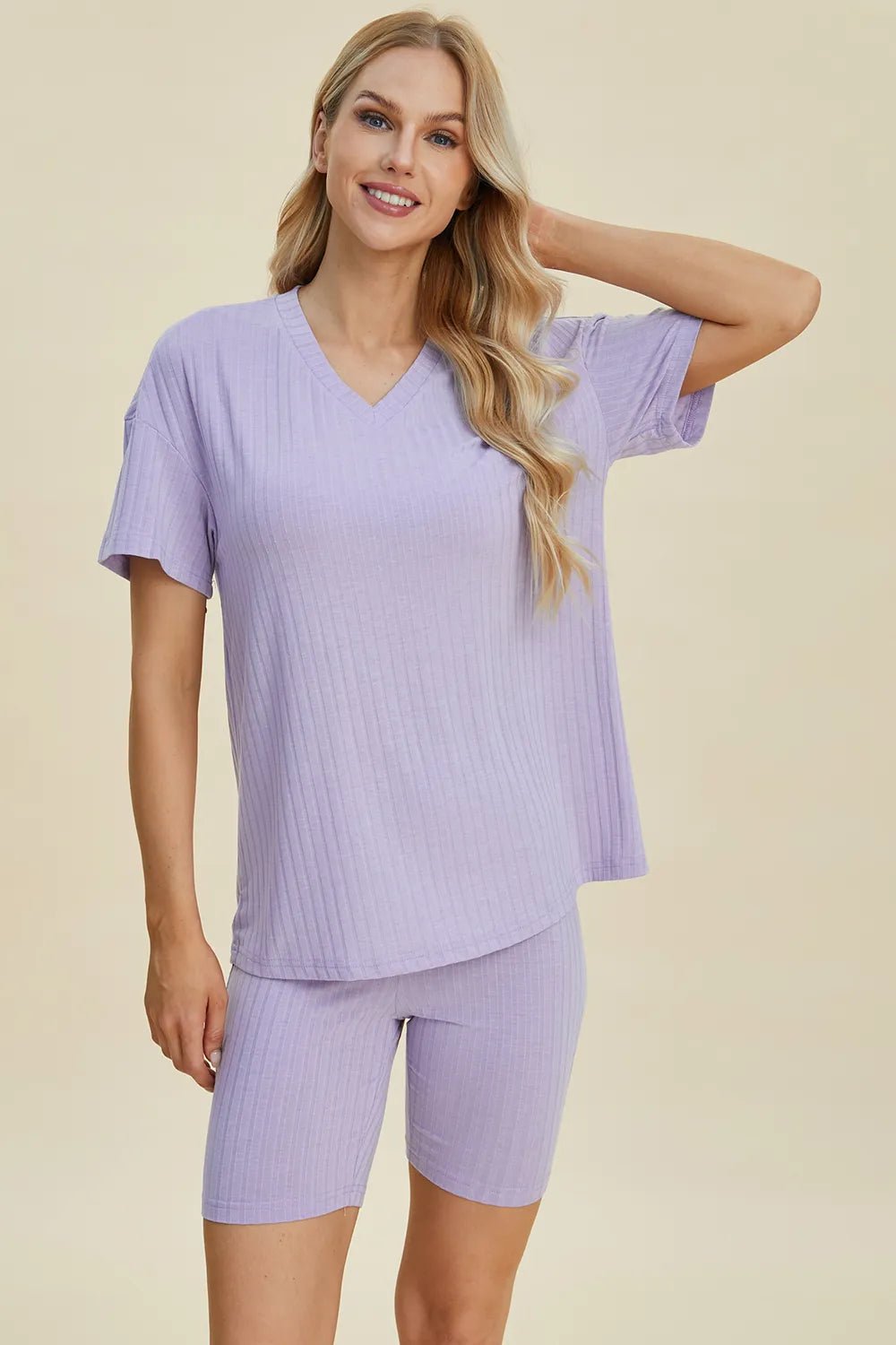 Basic Bae Full Size Ribbed V - Neck Short Sleeve Top and Shorts Set - PBNJ FASHIONS