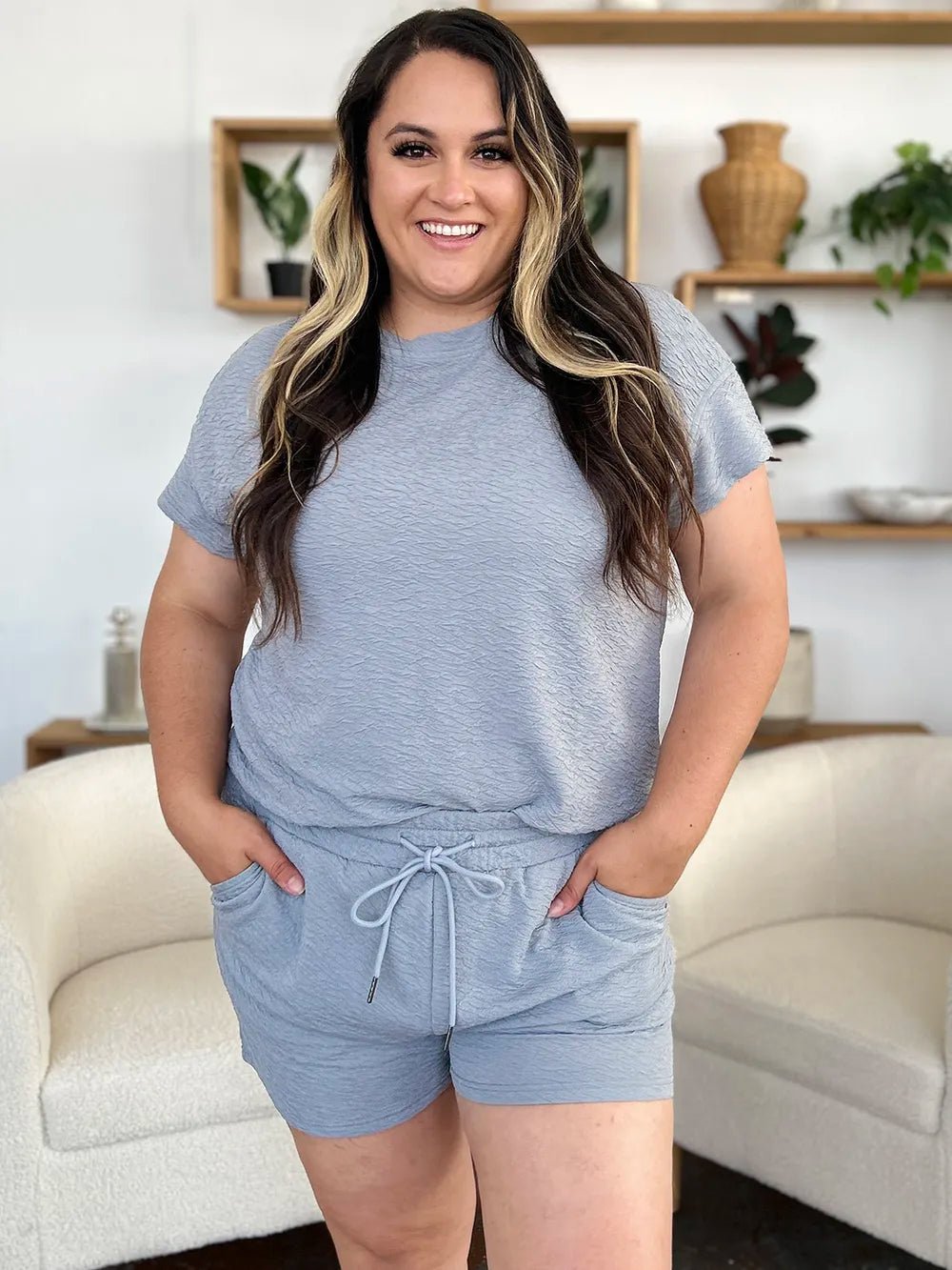 Double Take Full Size Texture Short Sleeve T-Shirt and Drawstring Shorts Set - PBNJ FASHIONS