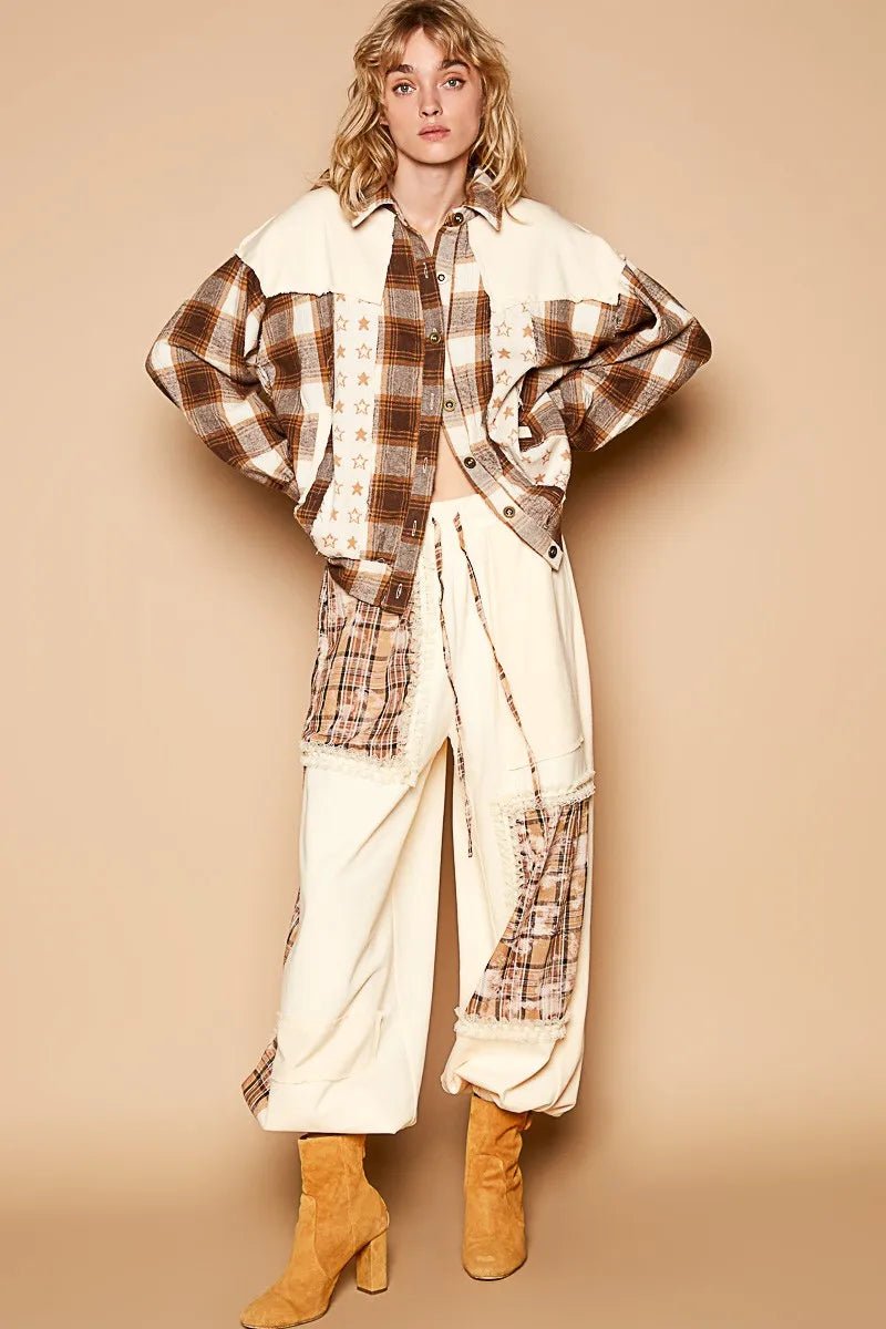 POL Plaid & Star Patchwork Contrast Long Sleeve Shacket - PBNJ FASHIONS