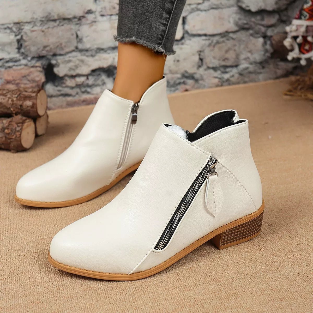 Chic Zip-Up Ankle Boots: Comfortable and Stylish with Block Heels for Effortless Fashion Statements - White-36