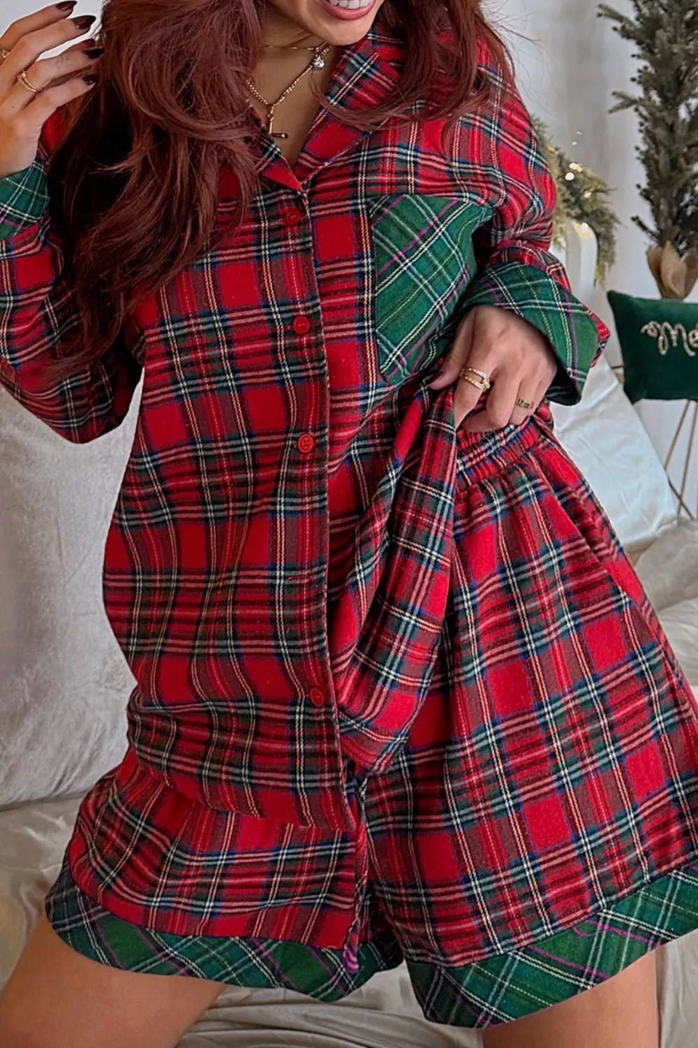 Plaid Contrast Patched Christmas Holiday Long Sleeve Shirt and Short 2pcs Pajama Set - PBNJ FASHIONS