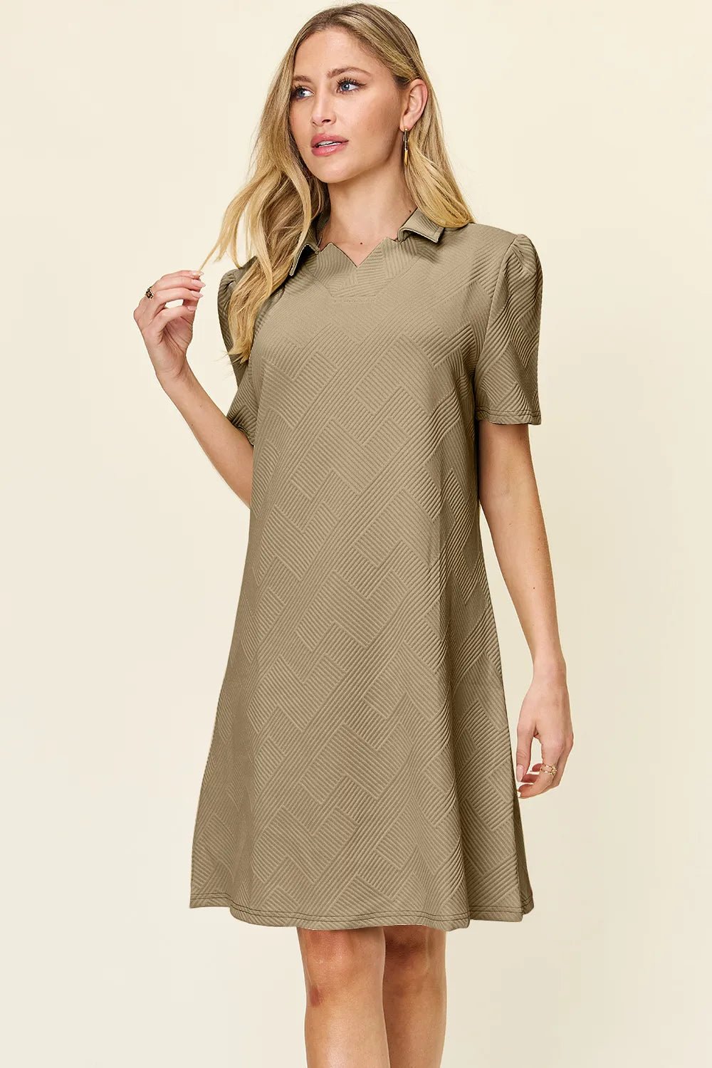 Double Take Full Size Texture Collared Neck Short Sleeve Dress - PBNJ FASHIONS