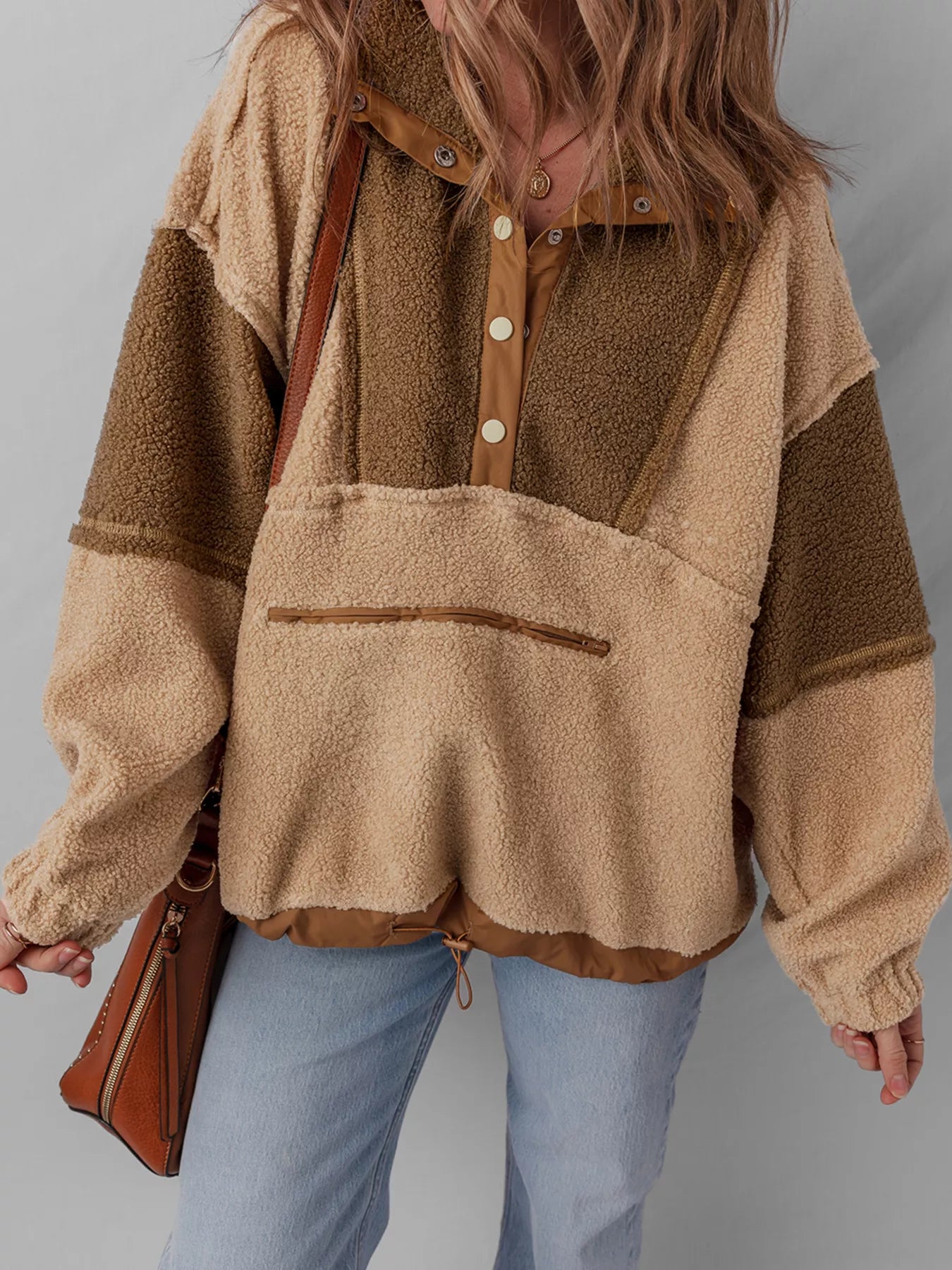 Color Block Patchwork Half Button Sherpa Sweatshirt - PBNJ FASHIONS