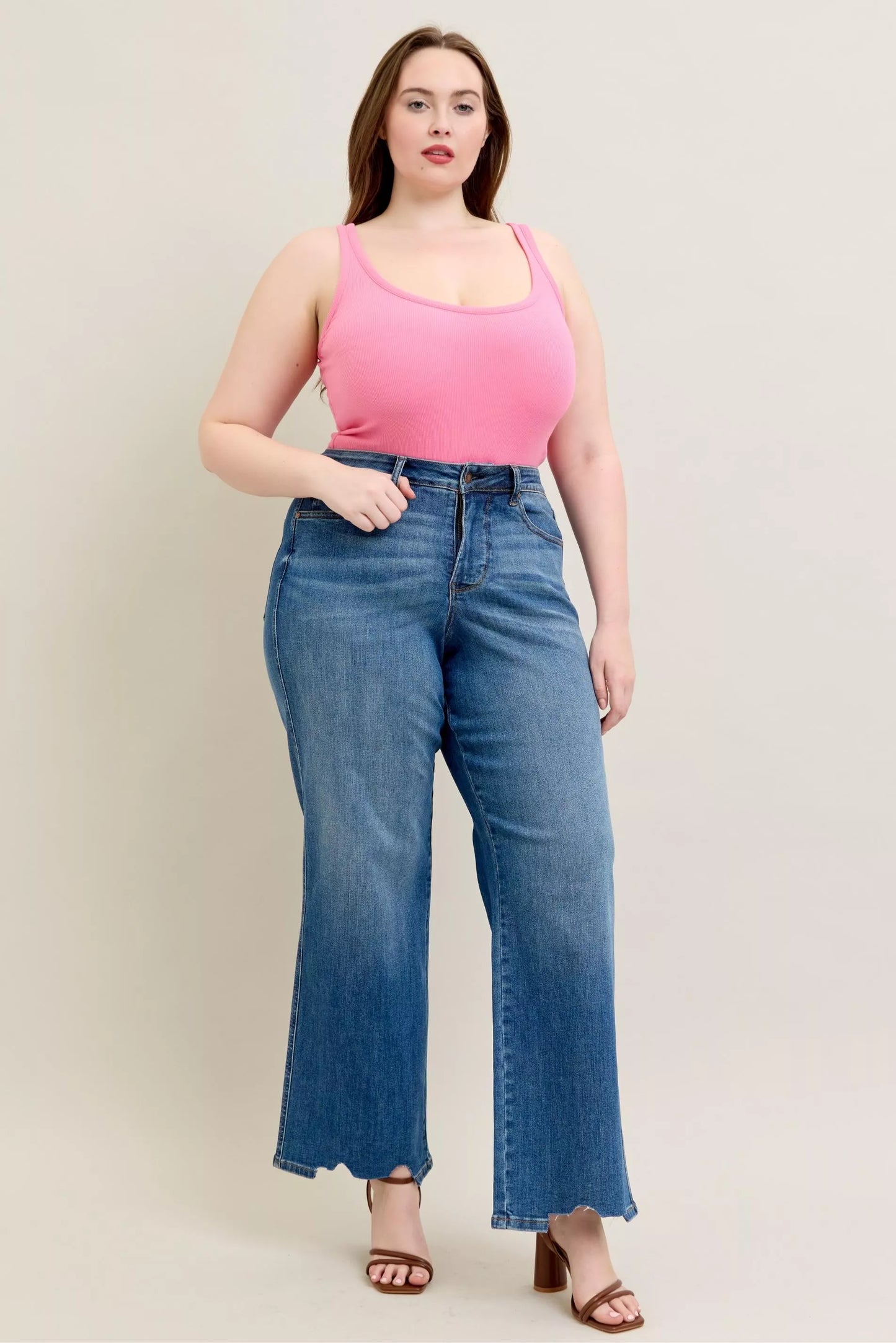 Judy Blue Full Size High Waist Tummy Control Chew Hem Destroy Wide Jeans Plus Size - PBNJ FASHIONS