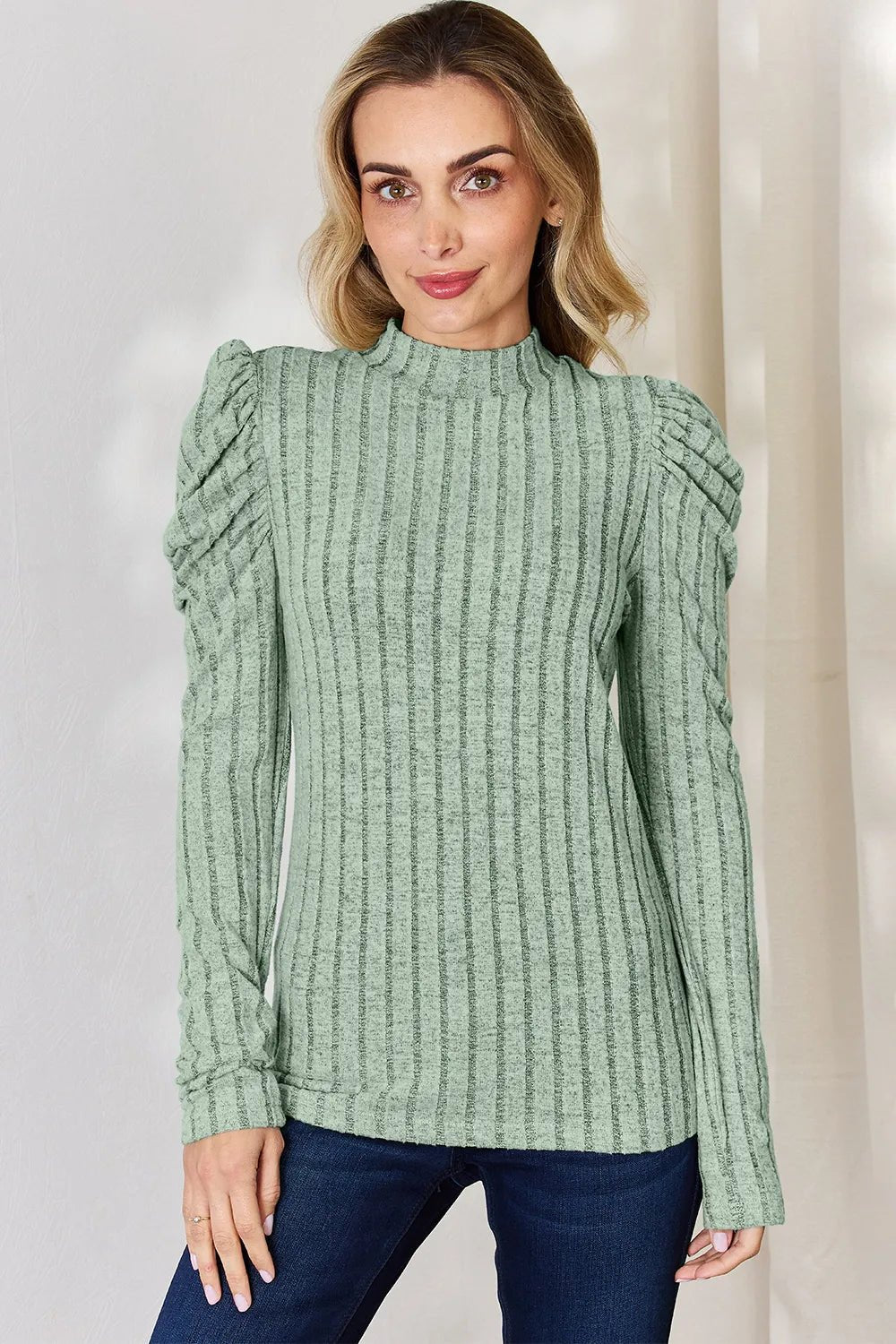 Basic Bae Full Size Ribbed Mock Neck Puff Sleeve T-Shirt - PBNJ FASHIONS