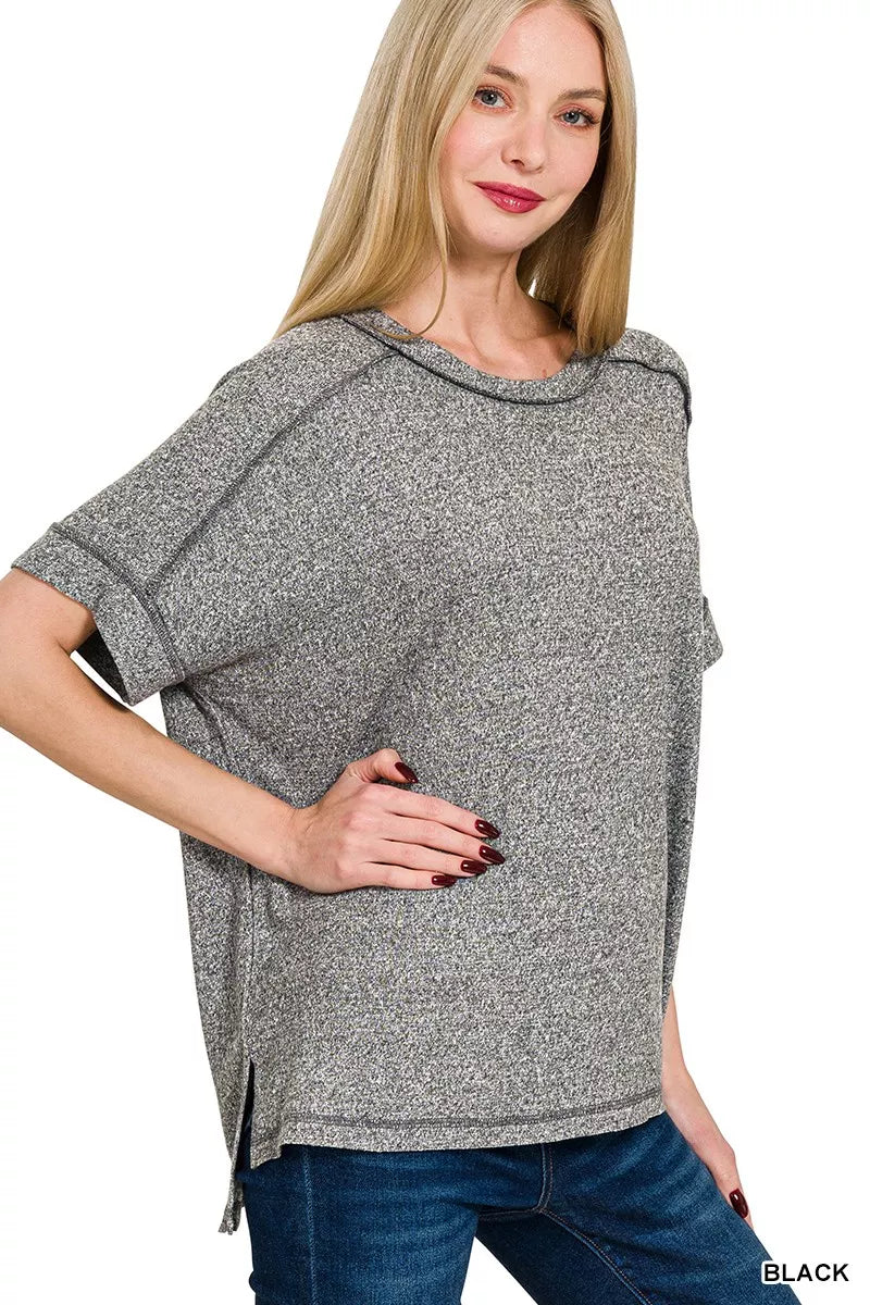 Zenana Full Size Soft Melange Hacci Short Sleeve Hi - low Tee Plus Size - PBNJ FASHIONS