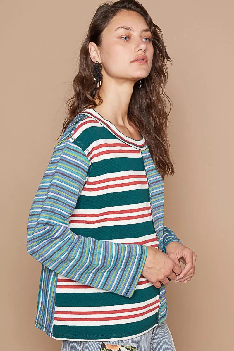 POL Color Block Striped Round Neck Long Sleeve T-Shirt - PBNJ FASHIONS