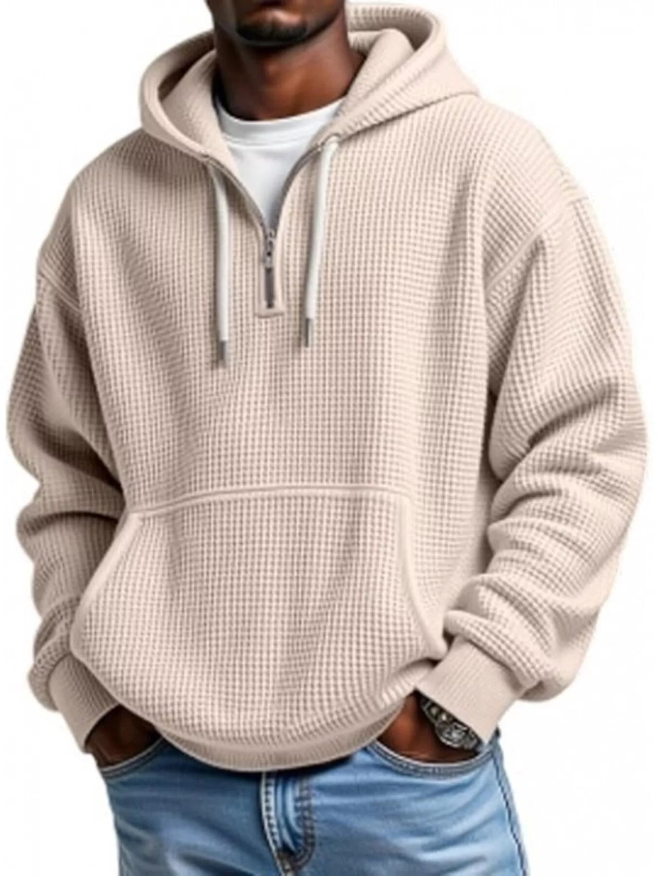 Men's Full Size Waffle Knit Quarter Zip Hoodie Plus Size - PBNJ FASHIONS