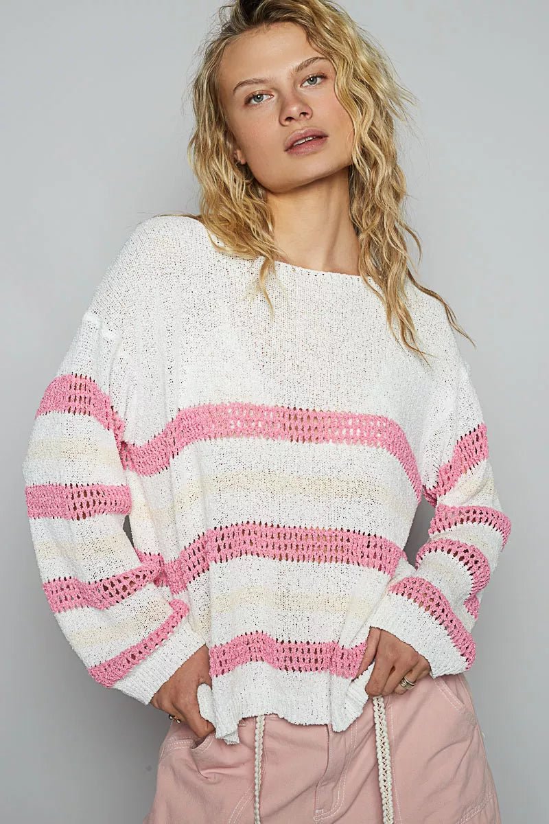 POL Striped Openwork Round Neck Knit Top - PBNJ FASHIONS