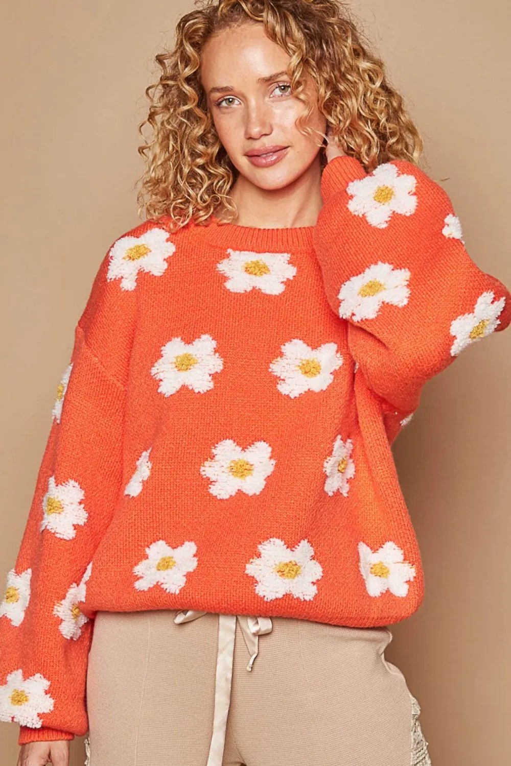 POL Daisy Pattern Drop Shoulder Sweater - PBNJ FASHIONS