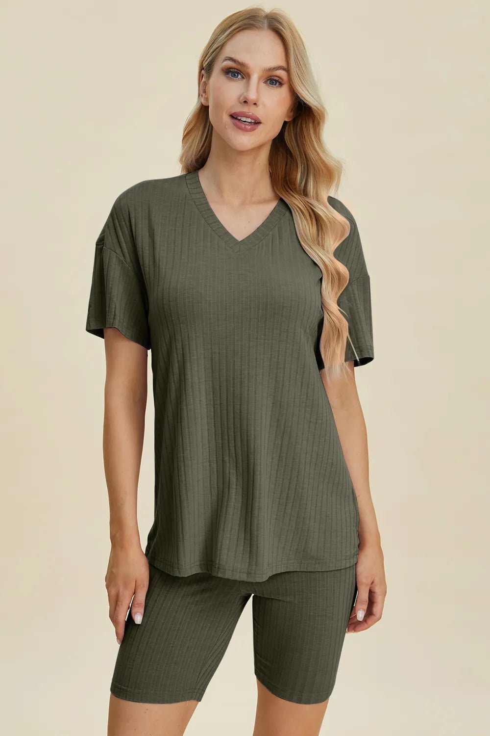 Basic Bae Full Size Ribbed V - Neck Short Sleeve Top and Shorts Set - PBNJ FASHIONS
