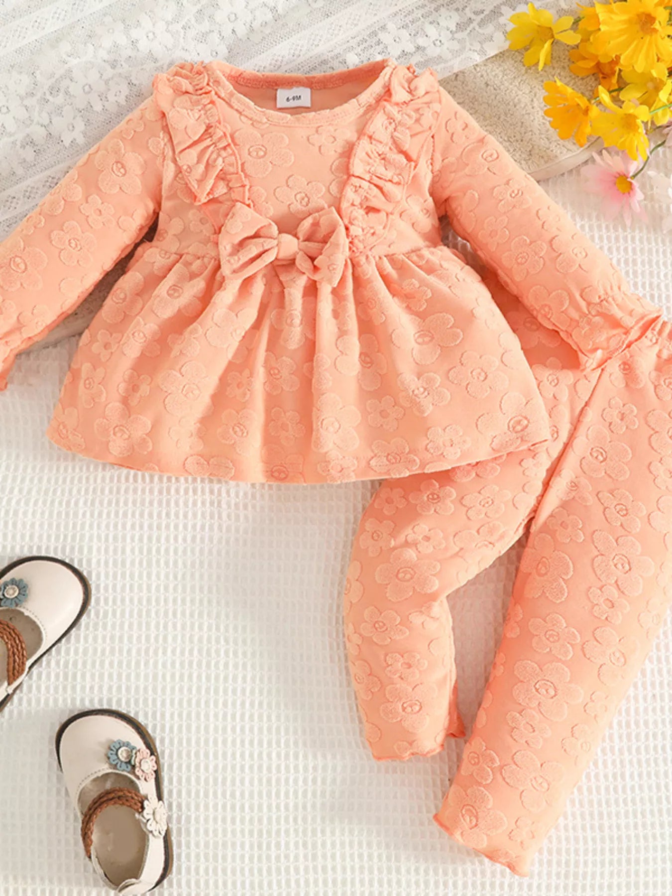 Children's Floral Embossed Ruffle Trim Top and Pants Set - PBNJ FASHIONS