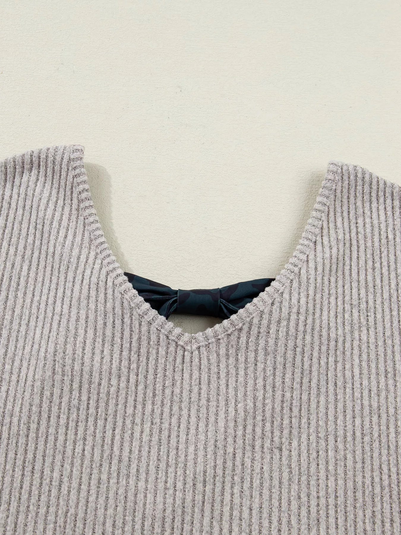 Ribbed V Neck Contrast Ribbon Bow Back Drop Shoulder Long Sleeve Top - PBNJ FASHIONS