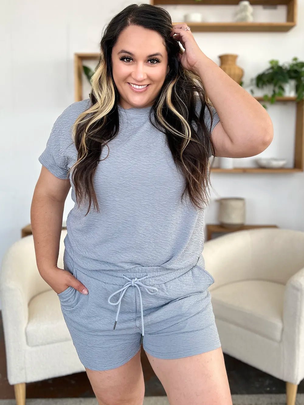 Double Take Full Size Texture Short Sleeve T-Shirt and Drawstring Shorts Set - PBNJ FASHIONS