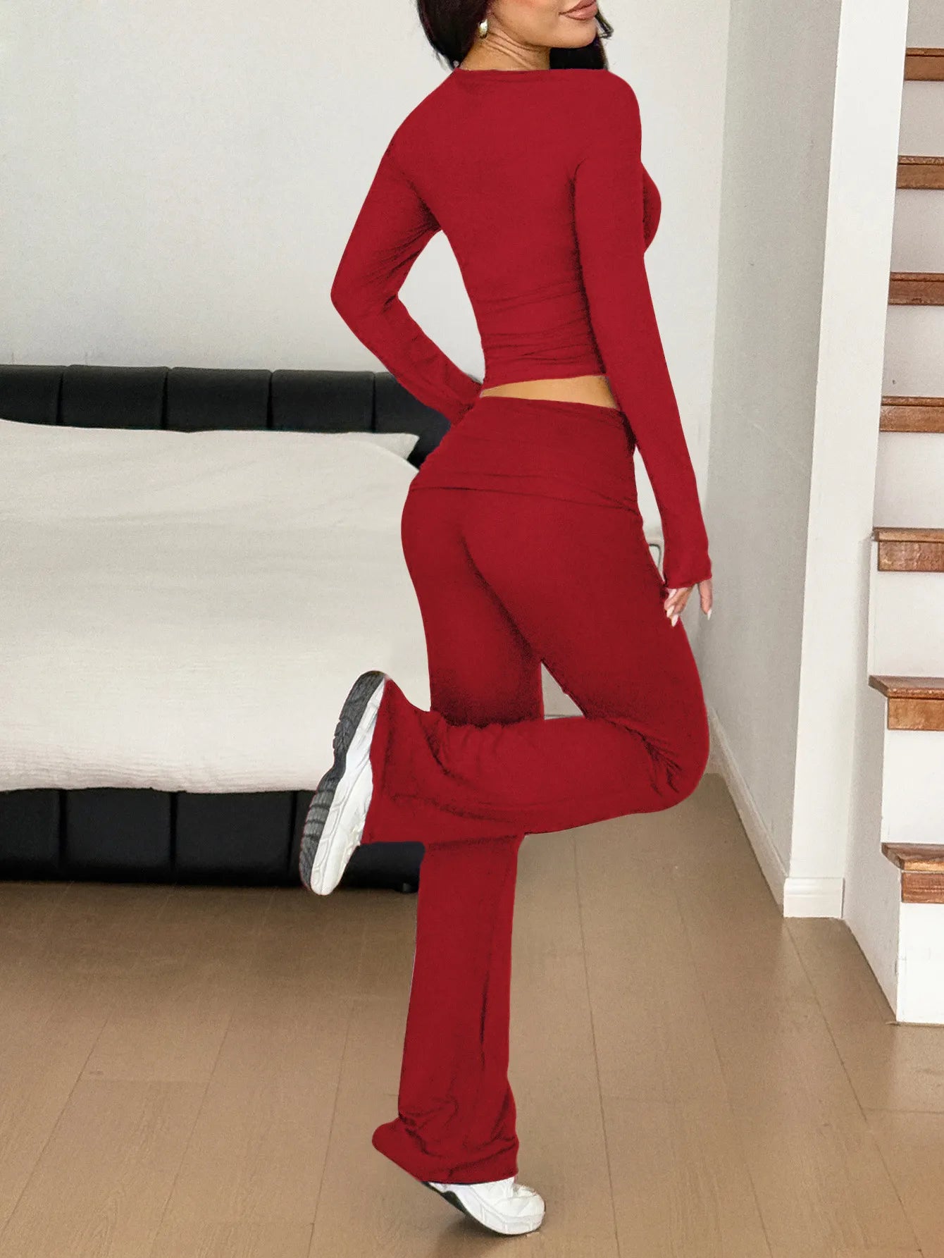 Long Sleeve Crop Top and Bootcut Pants Set - PBNJ FASHIONS