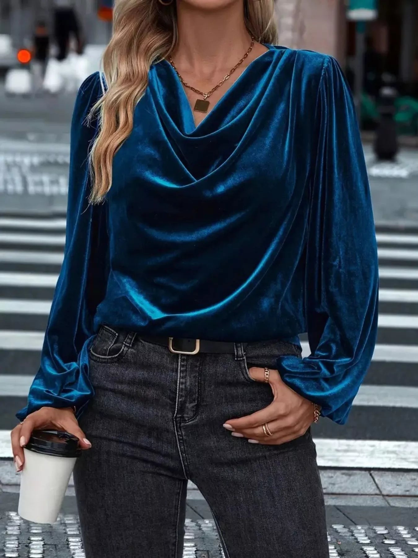 Full Size Velvet Cowl Neck Blouse Plus Size - PBNJ FASHIONS