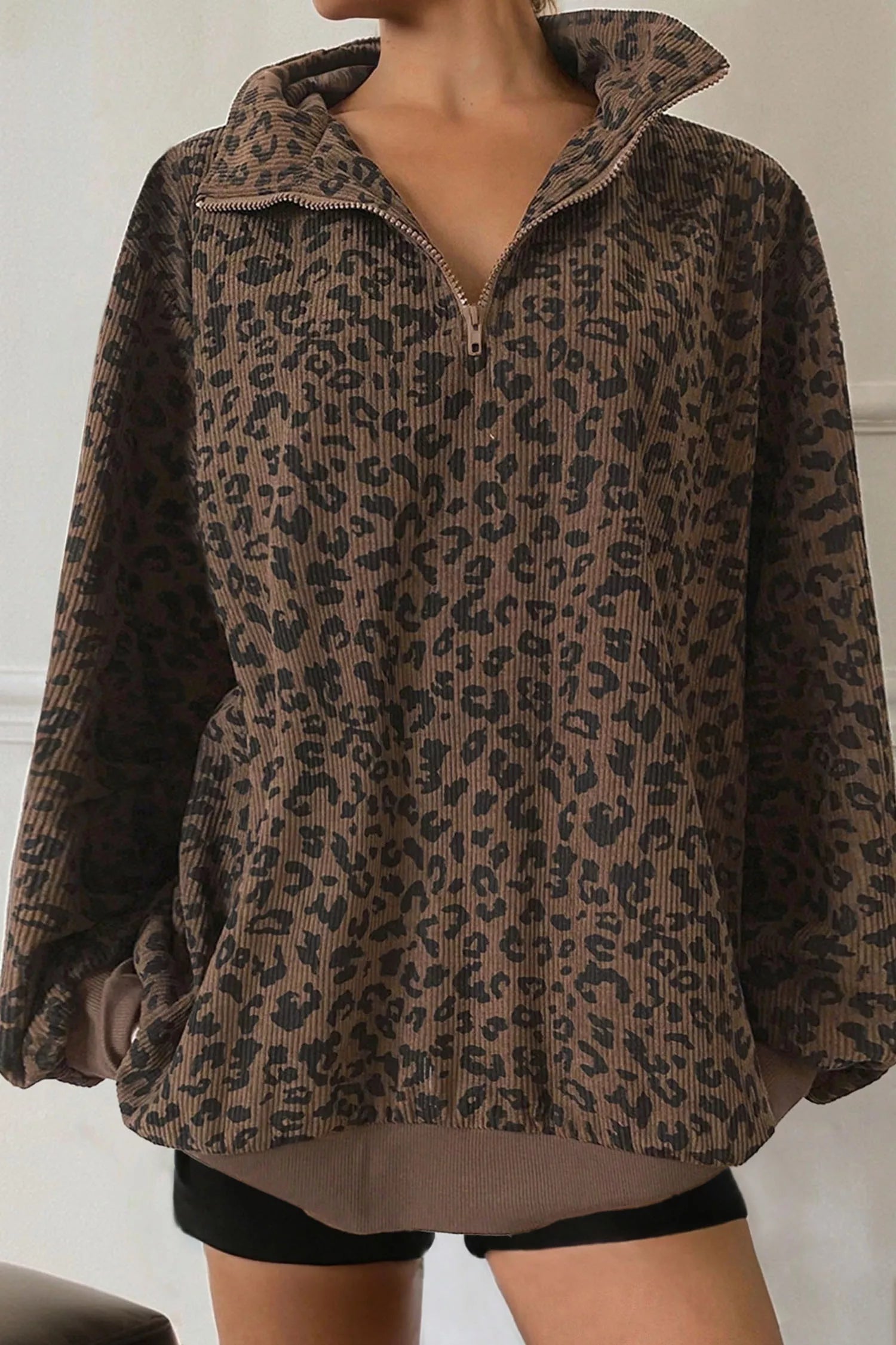 Leopard Print Quarter Zip Corduroy Sweatshirt - PBNJ FASHIONS
