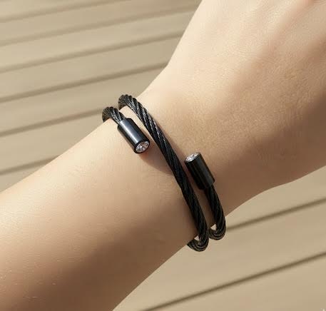 BG003B B.Tiff Double Wrapped Cable Black Bangle Bracelet - PBNJ FASHIONS