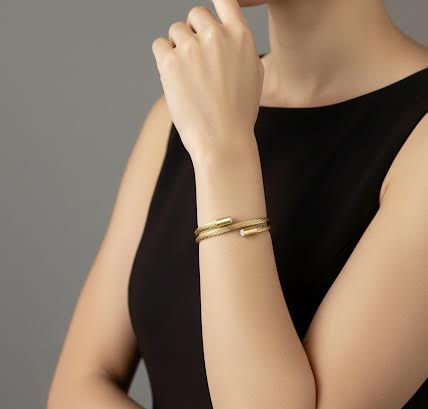 BG003G B.Tiff Double Wrapped Cable Gold Bangle Bracelet - PBNJ FASHIONS