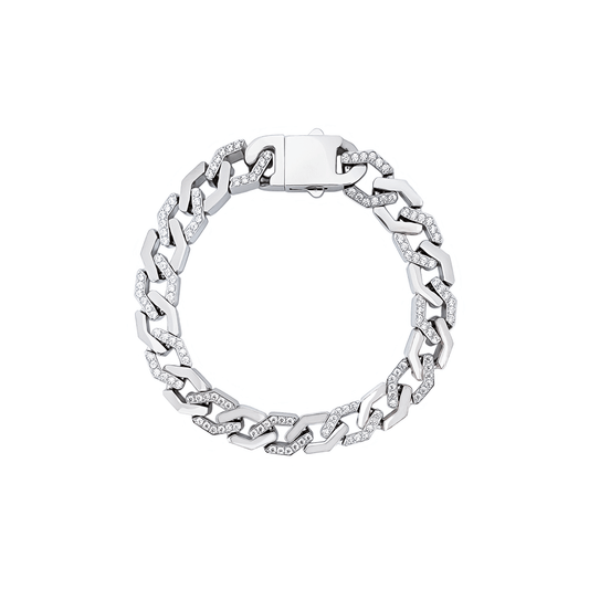 BG101W B.Tiff Pavé High Polish Gold Flat Angular Cuban Link Bracelet - PBNJ FASHIONS
