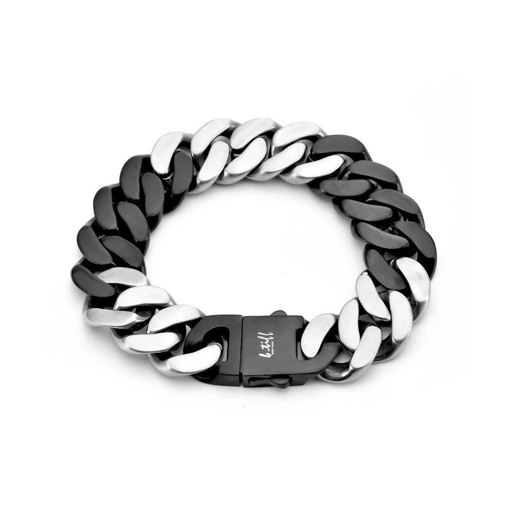 BG160BW B.Tiff High Polish 16mm 2 Tone Black & Stainless Steel Flat Cuban Link Bracelet - PBNJ FASHIONS