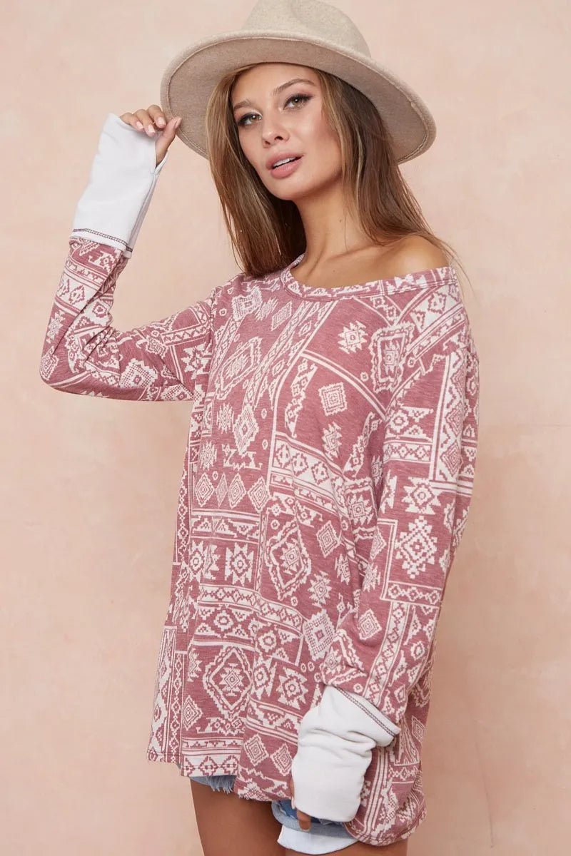 BiBi Aztec Print French Terry Top with Thumb Opening - PBNJ FASHIONS