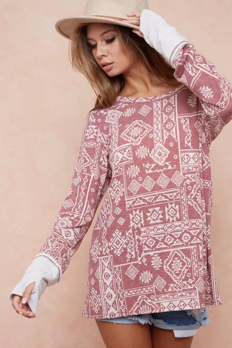 BiBi Aztec Print French Terry Top with Thumb Opening - PBNJ FASHIONS