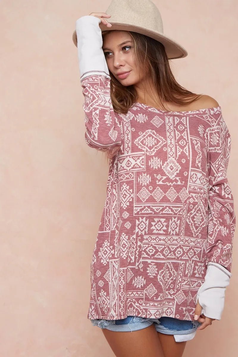 BiBi Aztec Print French Terry Top with Thumb Opening - PBNJ FASHIONS