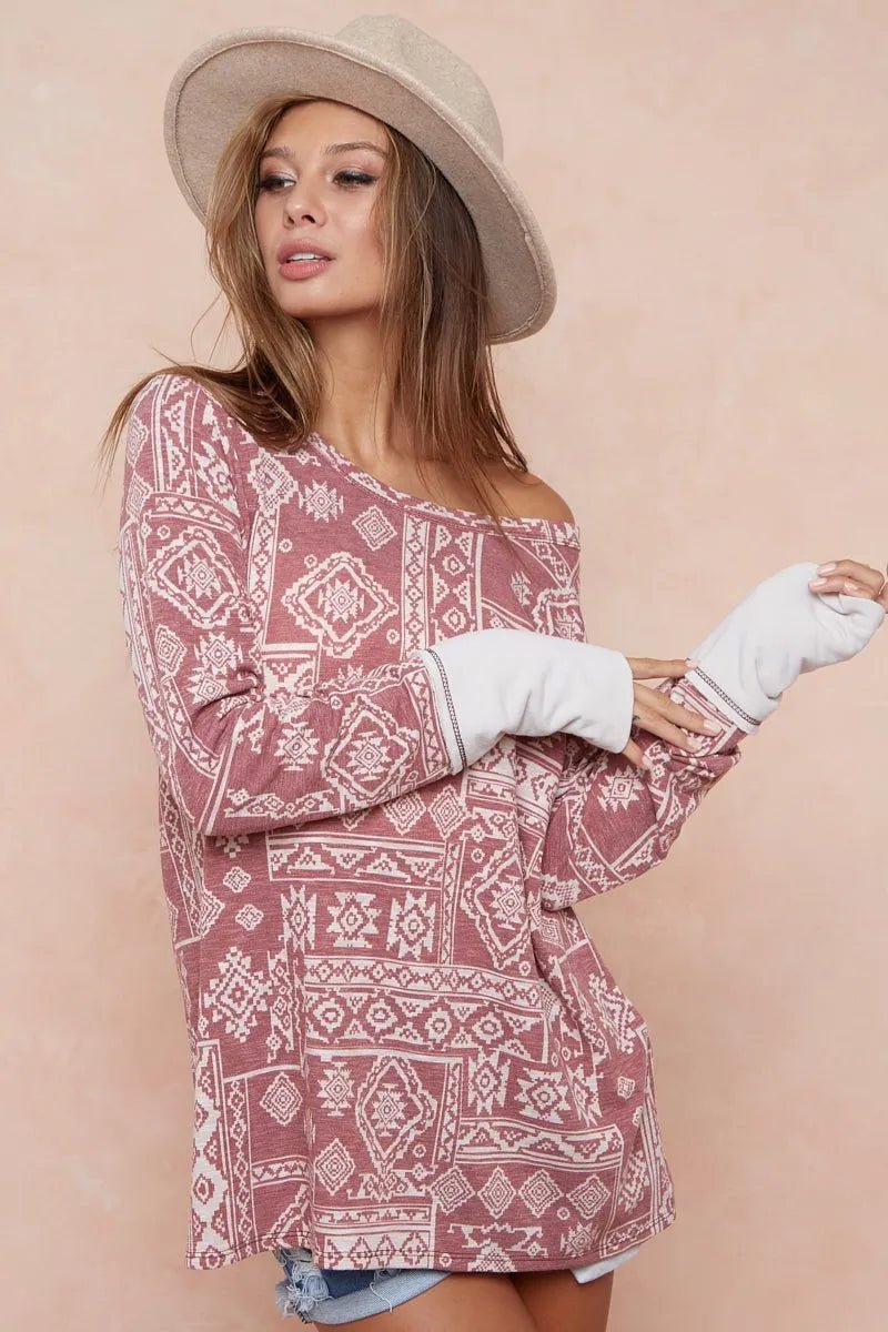 BiBi Aztec Print French Terry Top with Thumb Opening - PBNJ FASHIONS