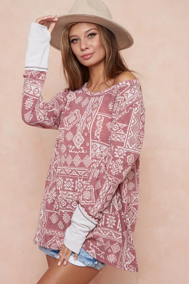BiBi Aztec Print French Terry Top with Thumb Opening - PBNJ FASHIONS