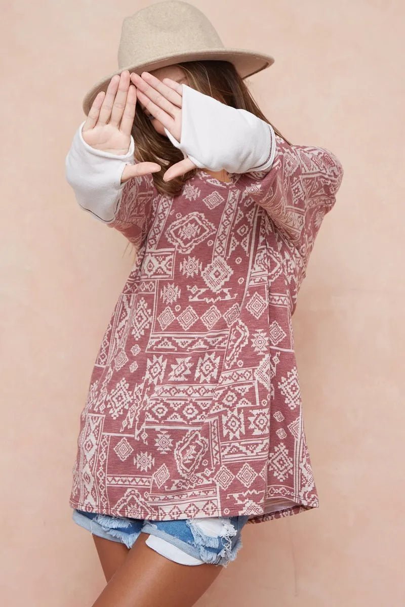 BiBi Aztec Print French Terry Top with Thumb Opening - PBNJ FASHIONS
