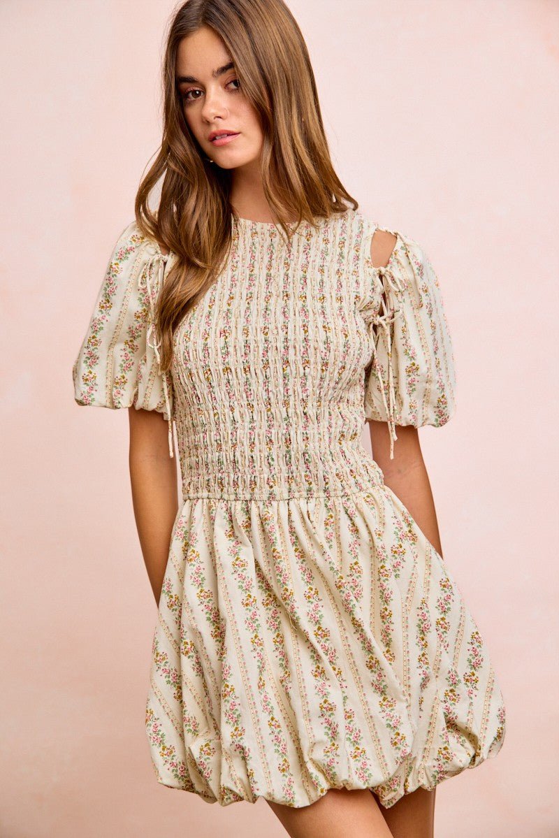 BiBi Floral Bow Tie Attachable Puff Sleeves Dress - PBNJ FASHIONS