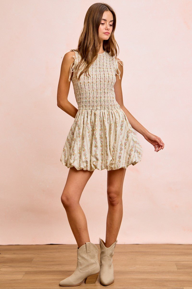 BiBi Floral Bow Tie Attachable Puff Sleeves Dress - PBNJ FASHIONS