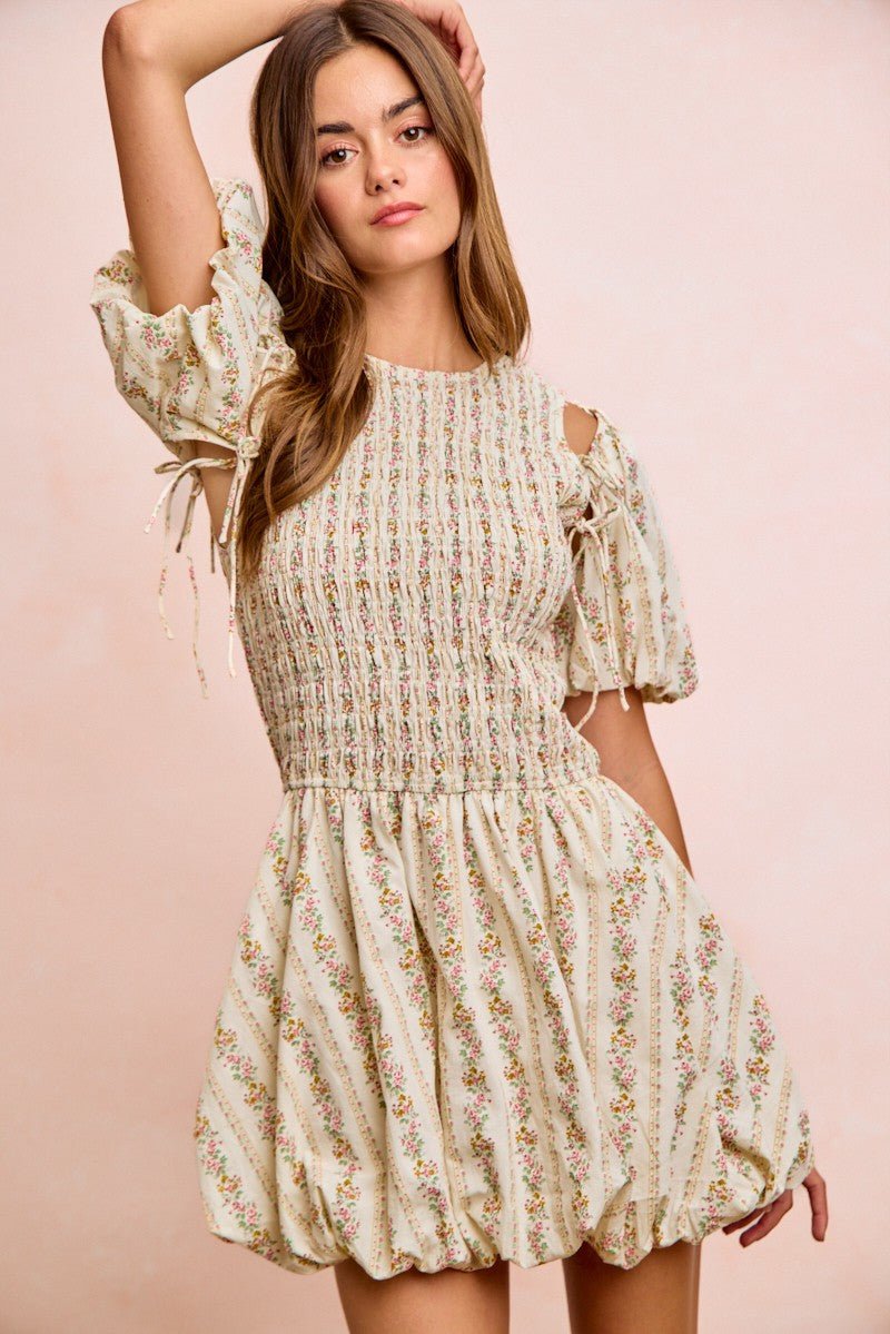 BiBi Floral Bow Tie Attachable Puff Sleeves Dress - PBNJ FASHIONS