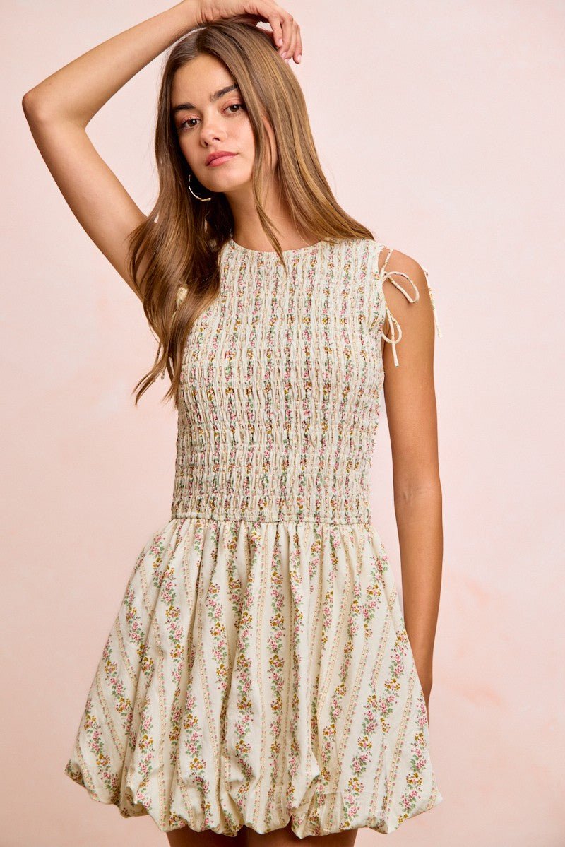 BiBi Floral Bow Tie Attachable Puff Sleeves Dress - PBNJ FASHIONS