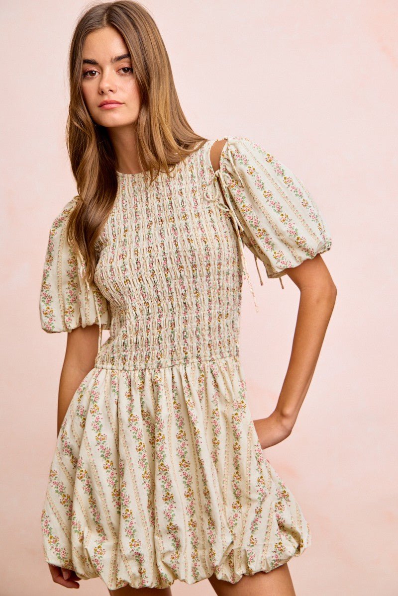 BiBi Floral Bow Tie Attachable Puff Sleeves Dress - PBNJ FASHIONS