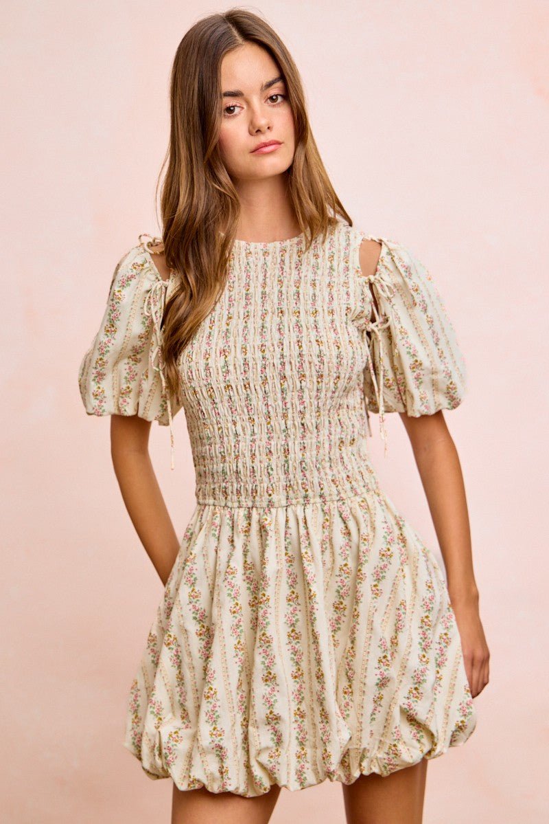BiBi Floral Bow Tie Attachable Puff Sleeves Dress - PBNJ FASHIONS